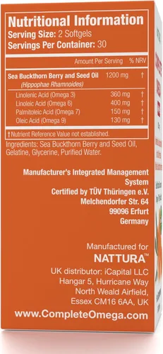 Miniatura 4 de Nattura Complete Omega 3-6-7-9, aceite de espino cerval de mar puro, calidad europea, de bayas silvestres de espino cerval de mar entero prensadas