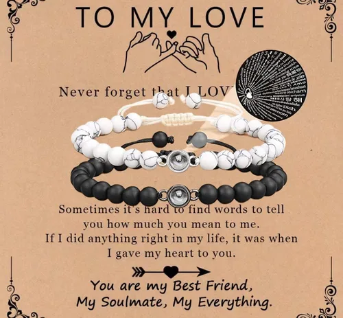 Pulseras para parejas, pulseras de cristal curativo de proyección en 100 idiomas, ágata negra, blanca, turquesa, pulseras a juego para novio, novia,