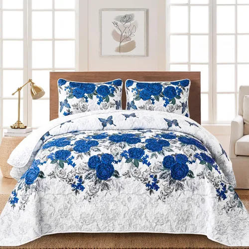 Miniatura 11 de Yiran Juego de edredón floral gris aguamarina, tamaño Queen, colchas botánicas de verano, juego de ropa de cama de 3 piezas, colcha ligera