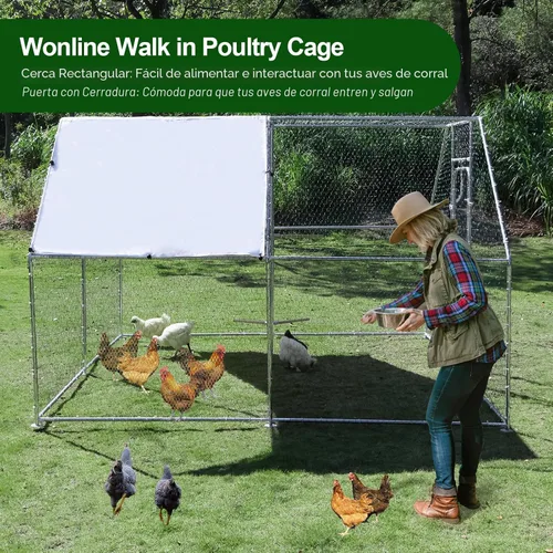 Miniatura 7 de Gallinero grande de metal con estructura para trepar, jaula de aves de corral para exteriores con parte superior plana y cubierta impermeable