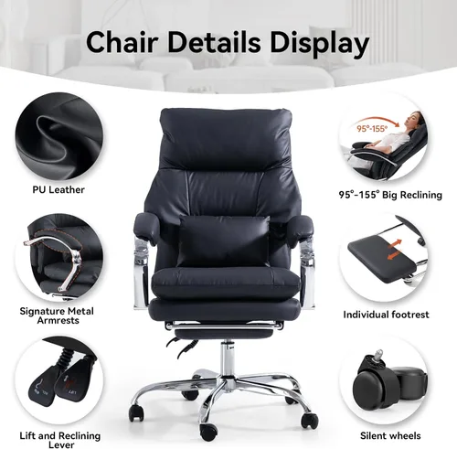 Miniatura 8 de LEAGOO Silla de Oficina con Reposapiés, Sillas de Oficina Reclinables Ejecutivas con Brazos, Ergonómica de Respaldo Alto de Cuero PU Cómodas Sillas