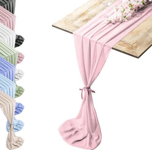Miniatura 7 de Camino de mesa de gasa de tacto sedoso con dos estilos de lazos de cinta, camino de mesa beige arenoso, camino de mesa de boda de 29 x 120 pulgadas