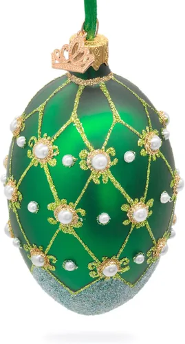 Miniatura 5 de Perlas en verde enrejado huevo de cristal adorno 4 pulgadas