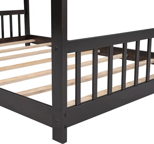 Miniatura 6 de P PURLOVE Cama de casa de tamaño matrimonial para niños, adolescentes, cama de piso para niños pequeños con techo y listones, cama de plataforma