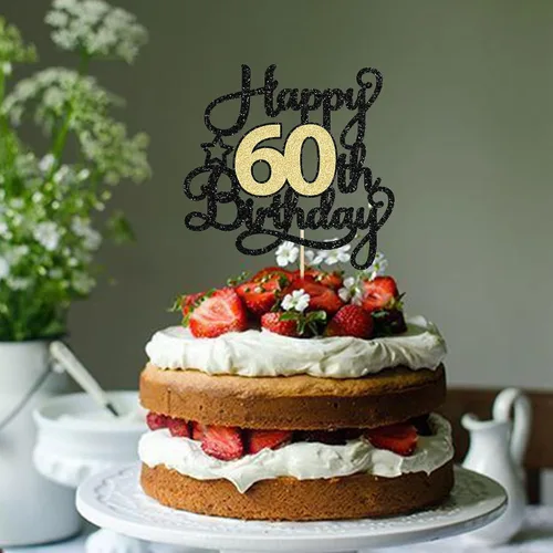Miniatura 6 de 1 Pieza Feliz Cumpleaños 60 Decoración Superior para Pastel Negro Dorado con Purpurina Brindis por 60 Años Palillo para Pastel de Cumpleaños 60