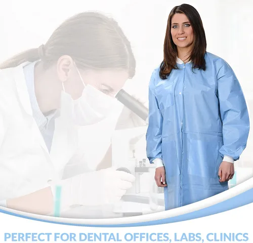 Miniatura 5 de Paquete de 10 abrigos de laboratorio desechables Abrigo de laboratorio duradero de 1.76 oz SMS hasta la rodilla, reutilizable, con puños