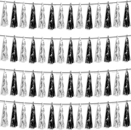 Miniatura 7 de 4P Guirnalda de Borla de Flecos de Aluminio Metálico Negro para Flotas de Desfile, Despedida de Soltera, Boda, Cumpleaños, Halloween, Navidad