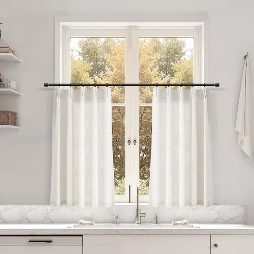Miniatura 140 de Juego de 2 paneles de cortinas de ventana de cocina beige de 24 pulgadas de largo, con textura de lino, plisadas, filtrantes de luz, semi pequeñas