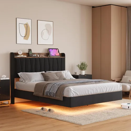 Miniatura 10 de GarveeHome Marco de Cama Flotante Full con Luces LED y Estación de Carga USB – Cama Plataforma Moderna Tapizada con Cabecero, Soporte de Listones