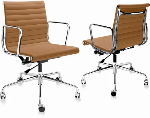 Miniatura 19 de Silla de oficina acanalada con cuero de grano superior, silla de escritorio ergonómica con respaldo alto con brazos y marco de aluminio, ruedas