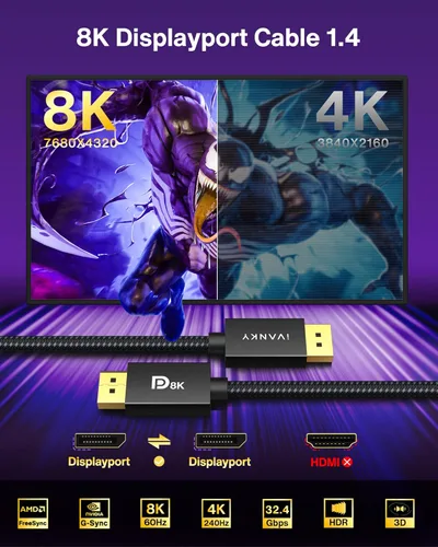 Miniatura 3 de IVANKY Cable DisplayPort 8K 1.4, cable DP certificado VESA de 6.6 pies (8K @60Hz, 4K @240Hz, 2K @240Hz) HBR3 compatible con 32.4 Gbps, HDR, HDCP