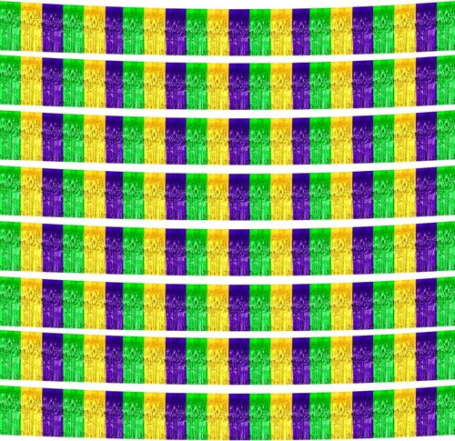 Paquete de 10 unidades de 10 pies de guirnalda de flecos de papel de aluminio de Mardi Gras, con borlas metálicas, bandera para colgar en la pared,