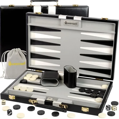 Juegos de backgammon para adultos – Juego de mesa de cuero PU negro de 15 pulgadas – Juego clásico de backgammon de viaje para 2 jugadores con 32