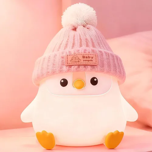 Luz nocturna de silicona de pingüino, bonita lámpara de pingüino rosa con sombrero, luz nocturna de guardería para bebé, recargable/regulable, Bebé