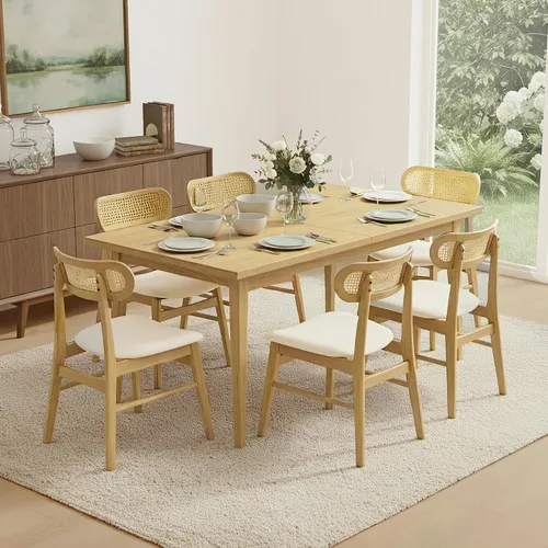 Miniatura 3 de KISLOT Rattan Dining Chairs Set of 4, Upholstered Modern Dining Room Chairs, Mid Century Oak Wood Kitchen Chairs with Rattan Backrest for Farmhouse
