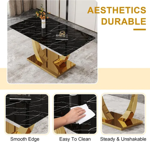 Miniatura 4 de Juego de mesa de comedor de 63 pulgadas para 4, juego de mesa de comedor dorado moderno para 4, juego de mesa de cocina de mármol sintético con negro