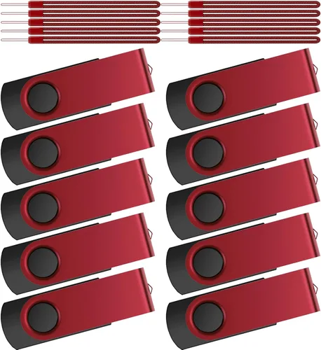 Kepmem Unidades flash USB de 1 GB, paquete de 10 - Memorias USB 2.0 metálicas - Pendrive giratorio - Llavero portátil - Rojo