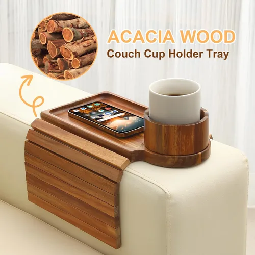Miniatura 6 de Bandeja para portavasos de sofá, mesa de madera de acacia con soporte para teléfono, bandeja plegable grande para sofá para mesa de aperitivos