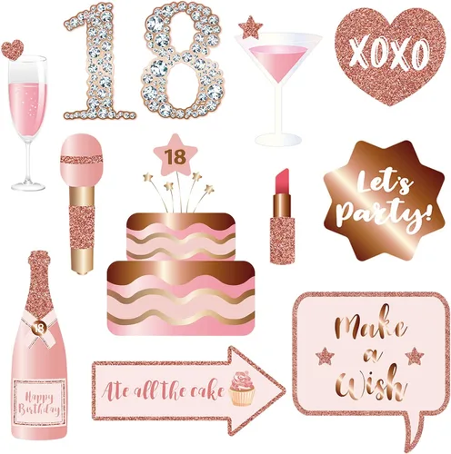 Miniatura 4 de Accesorios y letreros para cabina de fotos de fiesta de cumpleaños número 18, color oro rosa, kit de accesorios para selfies con palos para niñas