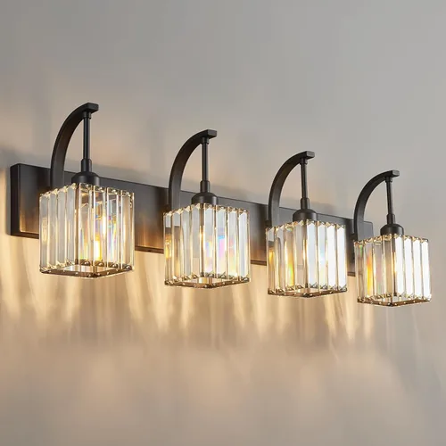 Miniatura 12 de Luces de tocador de cristal de 3 luces negras para tocador de baño, modernas lámparas de baño de cristal sobre espejo de 23.62 pulgadas de largo