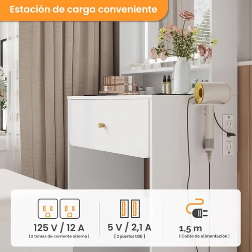 Miniatura 7 de Vabches Escritorio de tocador de maquillaje con espejo y luces, juego de mesa de tocador blanca con estación de carga, tocador pequeño para niñas