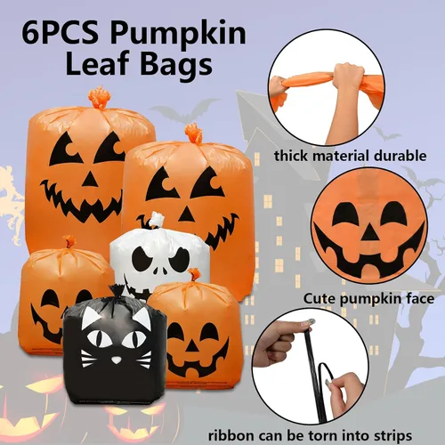 Miniatura 4 de 6 bolsas de calabaza de Halloween para césped, incluye 2 bolsas de 48 x 36 pulgadas de calabaza sonriente y 4 bolsas de basura de Halloween de 30 x