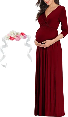 Miniatura 3 de Kim S Vestido largo de maternidad con banda de flores (S-3XL), vestido de fiesta baby shower con cuello en V fruncido