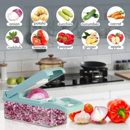 Miniatura 6 de Ourokhome - Cortador de mandolina para verduras, 7 cuchillas, práctico triturador de cebolla con separador de huevos y colador para cocina, Azul