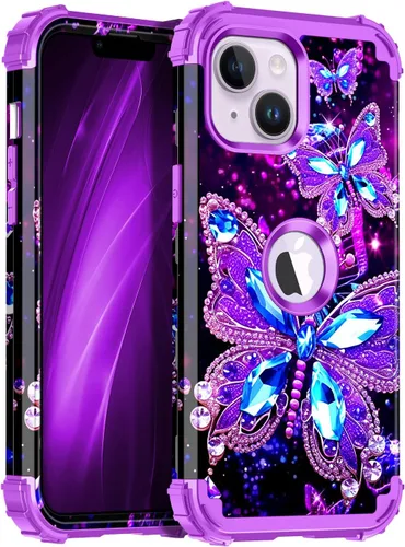 Miqala Funda compatible con iPhone 14 Plus, que brilla en la oscuridad, tres capas, resistente, a prueba de golpes, de plástico duro, funda Amaranto