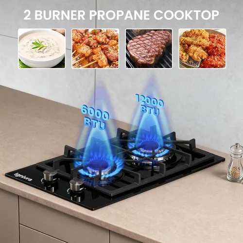 Miniatura 6 de Placa de cocina de gas con 2 quemadores, estufa de gas integrada de 12000 W, estufa de gas de vidrio templado de cristal negro, estufa de propano