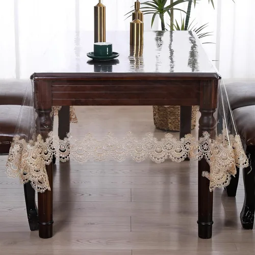 Miniatura 8 de Mantel rectangular de plástico transparente de vinilo impermeable, borde de encaje bordado, mantel transparente para comedor, cocina al aire libre
