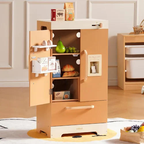 ROBUD Cocina de Juguete de Madera Refrigerador, Refrigerador de Cocina de Juguete, Juego de Refrigerador Congelador para Niños con Máquina de Hielo,
