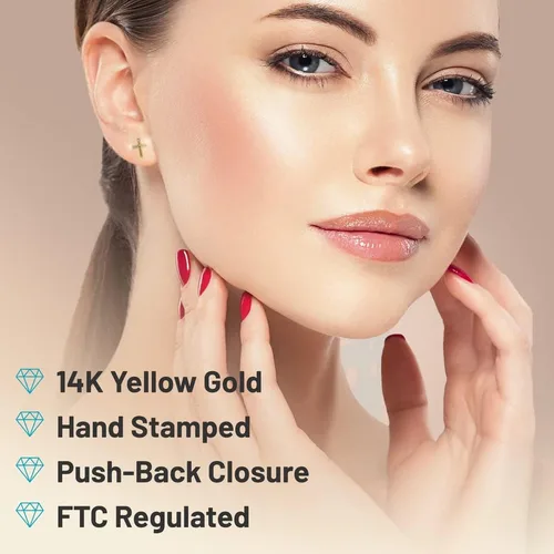 Miniatura 2 de JewelryWeb Aretes de cruz de oro amarillo de 14 quilates Pendientes de tuerca de fe biselada Pendientes de cruz para mujeres y niñas Joyería