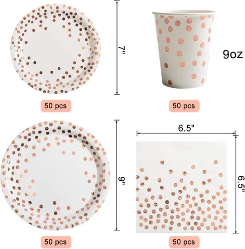 Miniatura 3 de HOMIX 350 platos y servilletas de oro rosa para fiestas, sirve 50 platos de papel desechables, servilletas, vasos, cubiertos para decoraciones