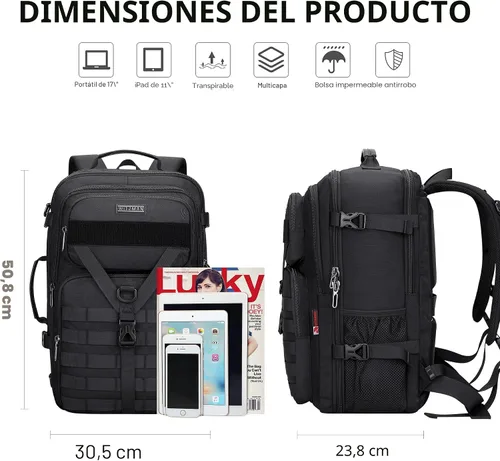 Miniatura 7 de WITZMAN Mochila de viaje de mano para hombre, grande, convertible de 45 litros, ajuste de 17 pulgadas, mochila 3 en 1, para aerolínea aprobada Negro