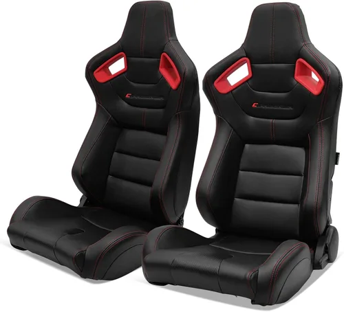 Miniatura 12 de IKON MOTORSPORTS, Par de asientos universales de carreras con deslizadores dobles, color negro con puntada naranja PU y cuero de carbono