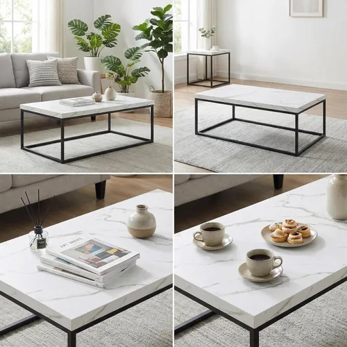 Miniatura 5 de CENSI Mesa de centro otomana de mármol blanco de 47 pulgadas para sala de estar, rectangular estilo industrial moderno, madera y metal (mármol)