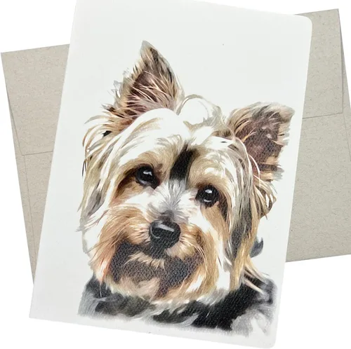 Yorkie - Tarjeta de felicitación (5 x 7 pulgadas y interior en blanco para todas las ocasiones), lindo Yorkshire Terrier en tarjeta para cumpleaños,