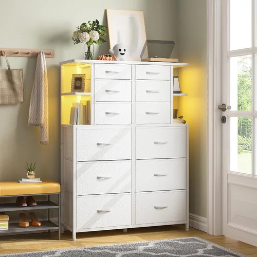 Miniatura 5 de EnHomee Cómoda blanca para dormitorio con luces LED y 12 cajones con 4 estantes abiertos, cómoda de tela y cómoda, marco de metal, 45.2 pulgadas