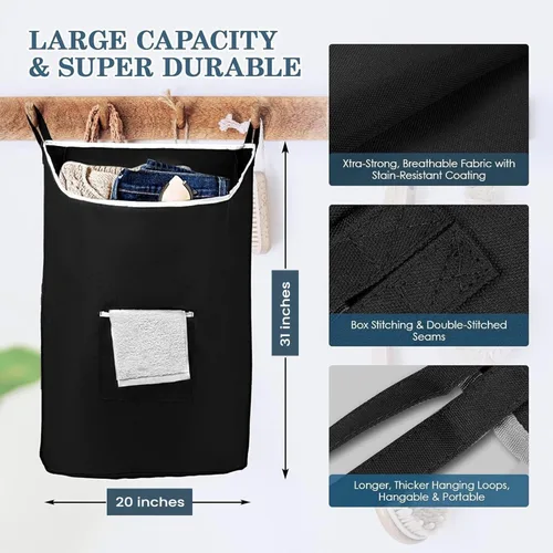Miniatura 2 de The Fine Living Co. Cesta de lavandería colgante extragrande con ganchos para la puerta y adhesivo, bolsa de lavandería duradera que ahorra espacio