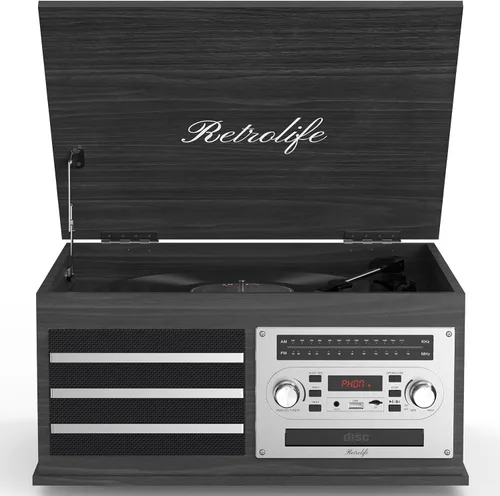 Miniatura 10 de Tocadiscos de vinilo 10-en-1 Centro de música con tocadiscos incorporados, altavoces integrados, soporte de 3 velocidades, entrada/salida