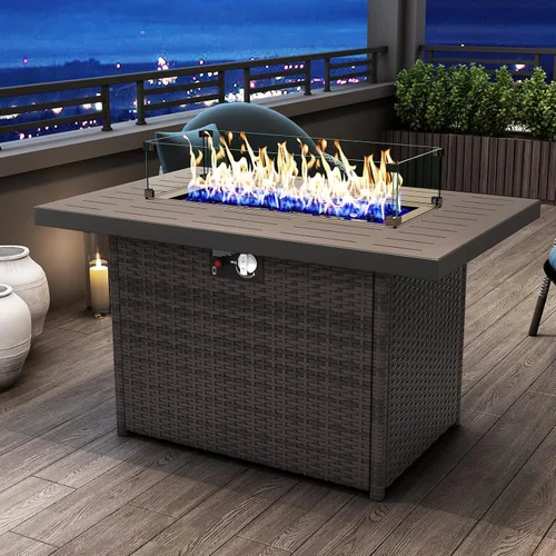 Miniatura 8 de Mesa para fogón de gas propano de 44 pulgadas para patio exterior, fogón rectangular al aire libre de mimbre de ratán de 60000 BTU con protector