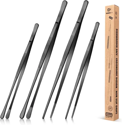 4 piezas de pinzas largas y finas profesionales negras, de 12'' y 10'' de acero inoxidable para cocina, alimentos, cocinar, reparación, mariscos y