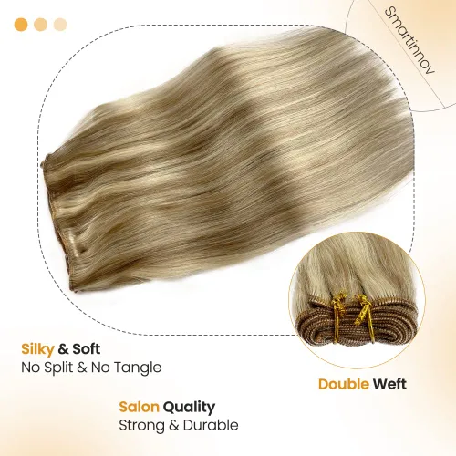 Miniatura 4 de Extensiones de cabello humano real con trama cosida, atadas a mano, color rubio ceniza a rubio con reflejos, extensiones cosidas con trama