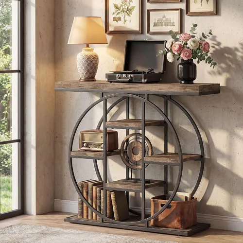 Miniatura 9 de HOMCOM Mesa de entrada, mesa de sofá consola de 39.4 pulgadas con estantes de almacenamiento y marco de acero circular, mesas decorativas de madera