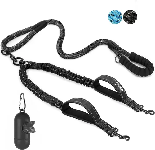 Miniatura 10 de SlowTon Correa doble para dos perros – Correa para perro sin enredos, correa giratoria de 360° reflectante doble para perro con dos asas acolchadas
