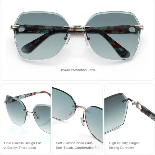 Miniatura 28 de ZENOTTIC Lentes de sol sin montura de gran tamaño para mujer, diseño geométrico de corte de diamante, lentes degradados, protección UV, tonos de moda