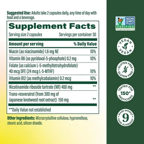 Miniatura 2 de MegaFood NAD + Boost con ribósido de nicotinamida y resveratrol, vitamina B12, B6, metil folato y niacina - Apoya la producción de NAD+ para un