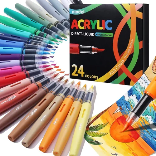 Marcadores de pintura acrílica, 24 colores vibrantes con punta de pincel, marcadores de pintura a base de agua sin sangrado para pintar en rocas,