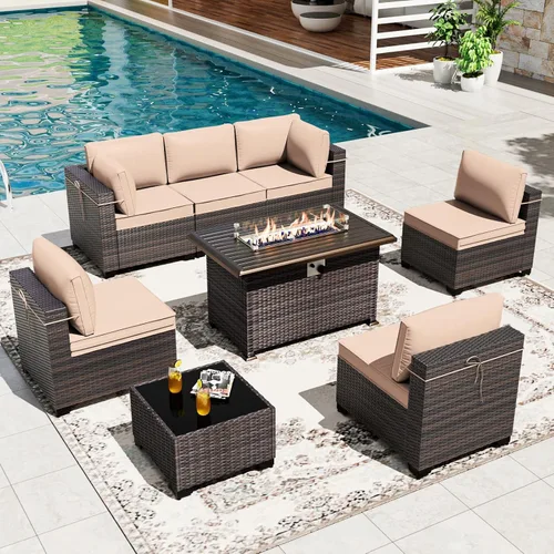 Gotland Juego de muebles de patio de 8 piezas con mesa con fogón, muebles de ratán para exteriores para todo tipo de clima con respaldo alto de 2
